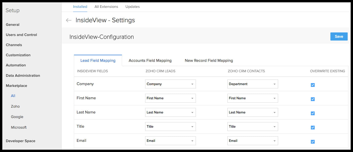 Zoho extensions and widgets- settings widgets